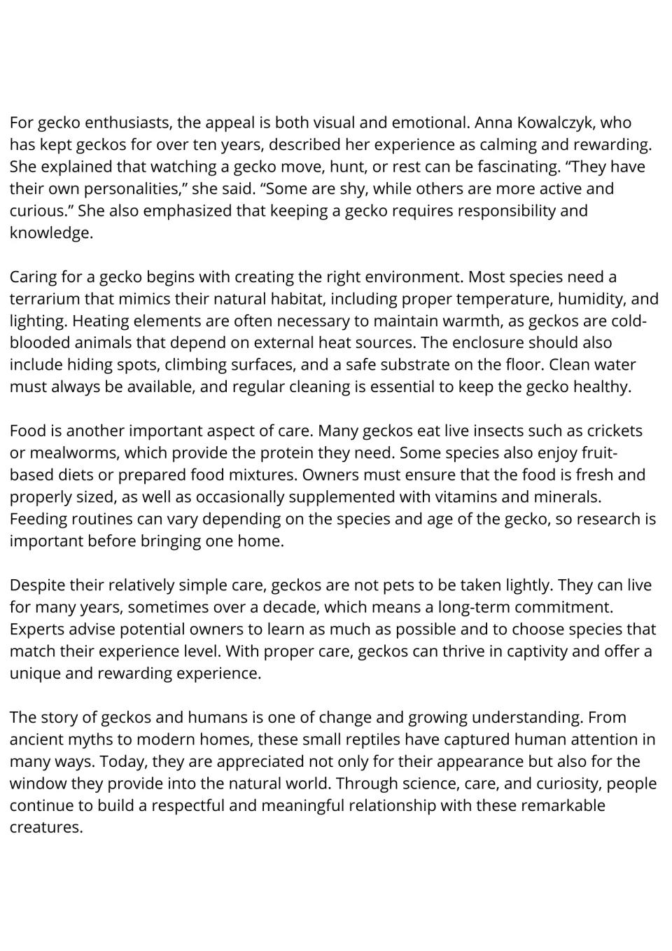 ESL reading passage continued: gecko owners' experiences, habitat needs, feeding, and long-term care.