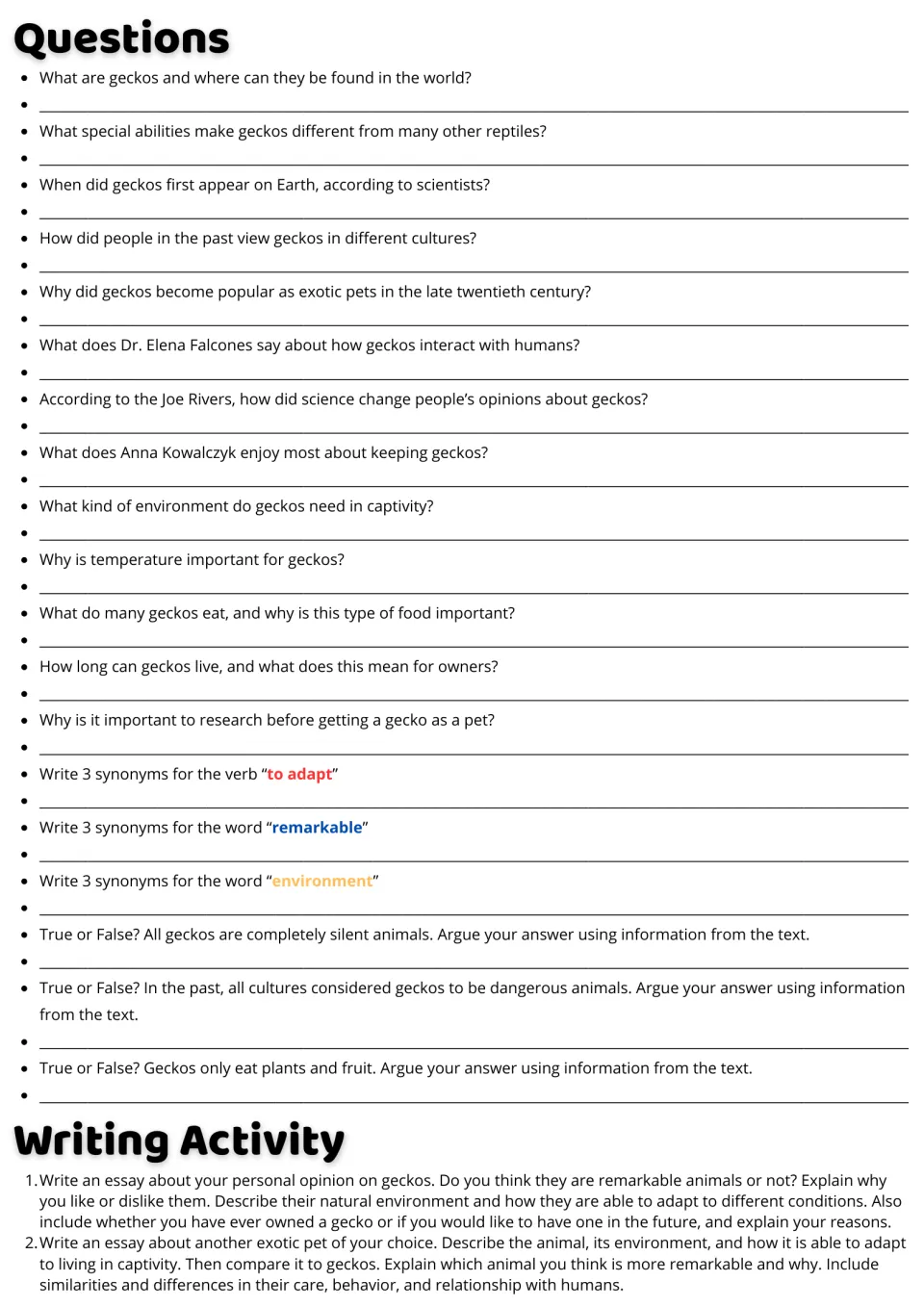 Gecko reading follow-up: 13 comprehension questions, three synonym tasks, three true-or-false items, and essays.