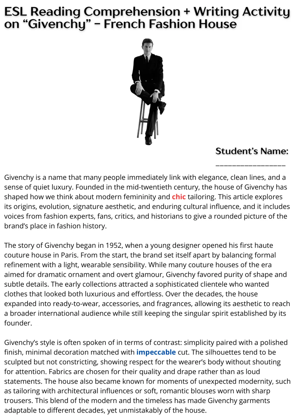 Opening reading passage on Givenchy: its 1952 origins in Paris, early clients, expansion, and signature style.