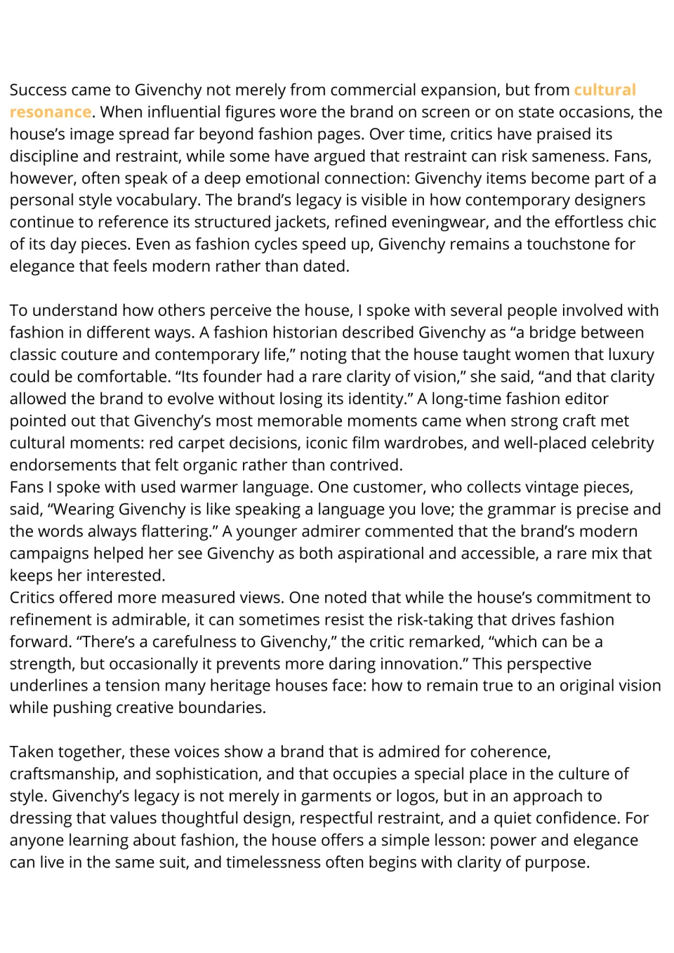 Givenchy reading passage continued: cultural influence, views from historians, fans, and critics, and legacy.