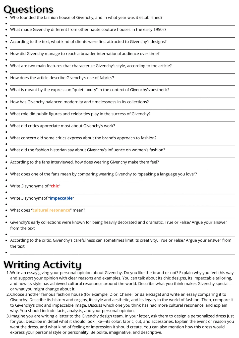 Givenchy follow-up: 19 reading and vocabulary questions plus three prompts for essays and a design request letter.