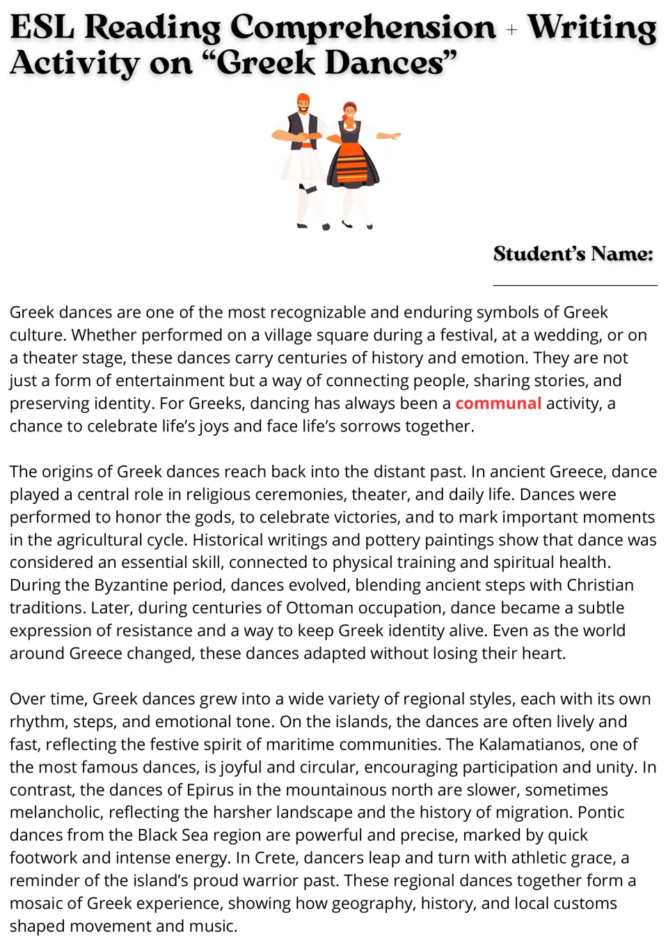 Reading passage, part 1: Greek dance origins, regional styles, and their role in cultural identity.