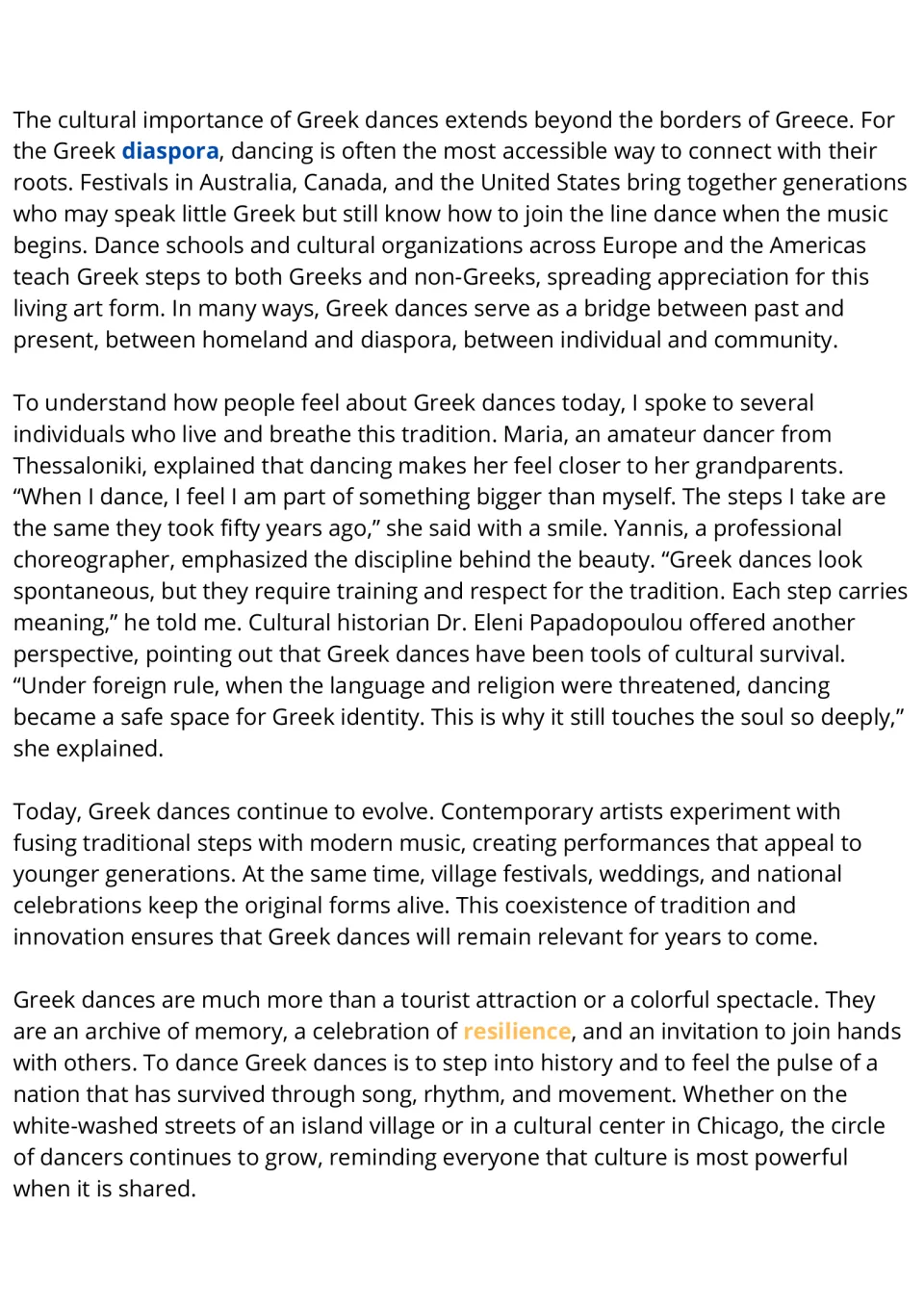 Reading passage, part 2: Greek diaspora, dancers' perspectives, and tradition in modern Greek dances.