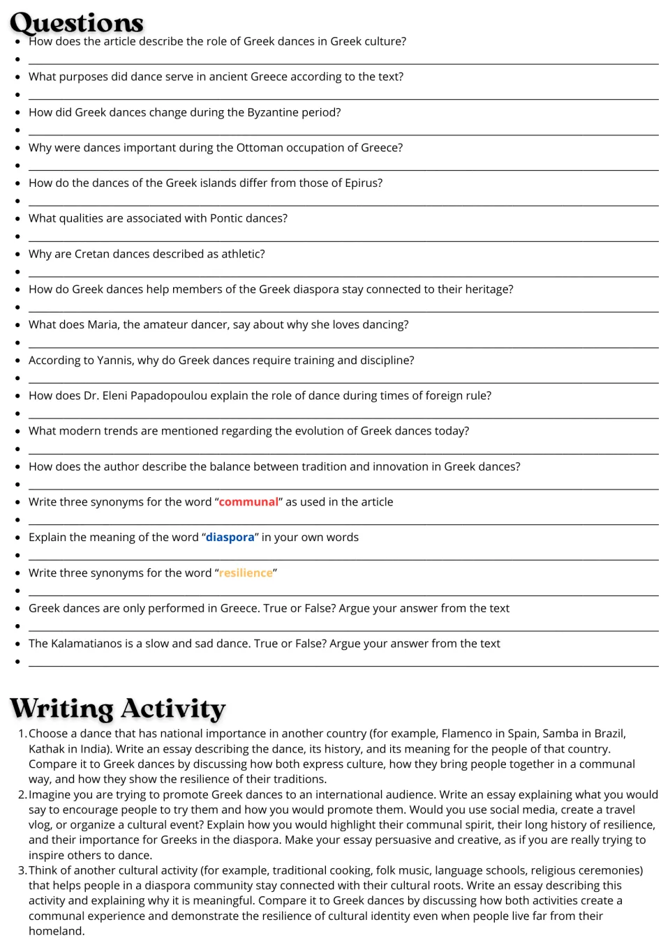 Practice page: 18 comprehension and vocabulary questions and three essay prompts about Greek dances.
