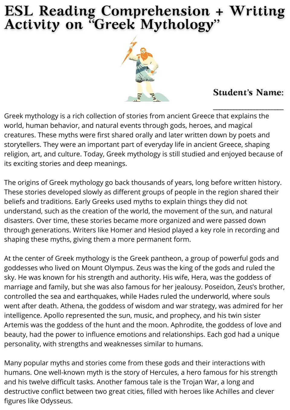 Reading passage opening on Greek mythology: oral origins, Homer and Hesiod, Olympian gods, and famous myths