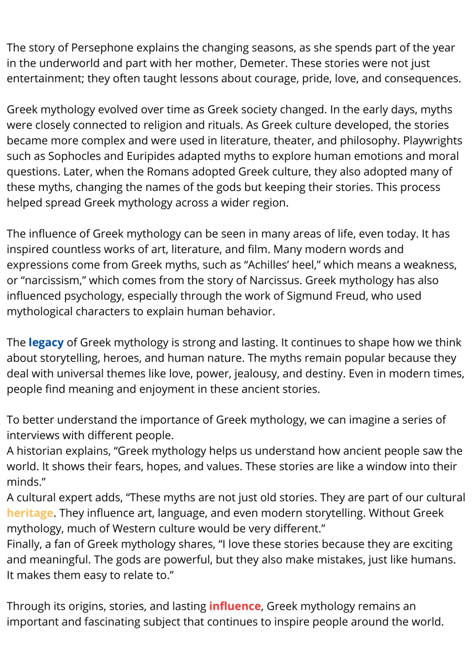 Reading passage conclusion on Greek mythology: Persephone, Roman adaptations, modern influence, and heritage