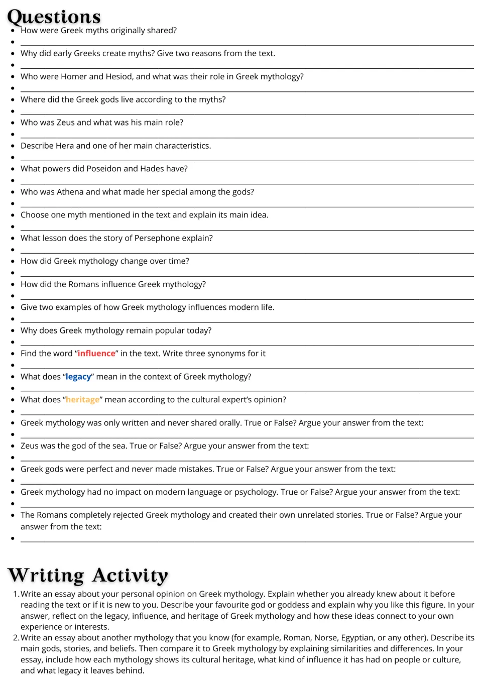 Greek mythology reading follow-up: 22 comprehension and vocabulary questions plus two essay writing prompts