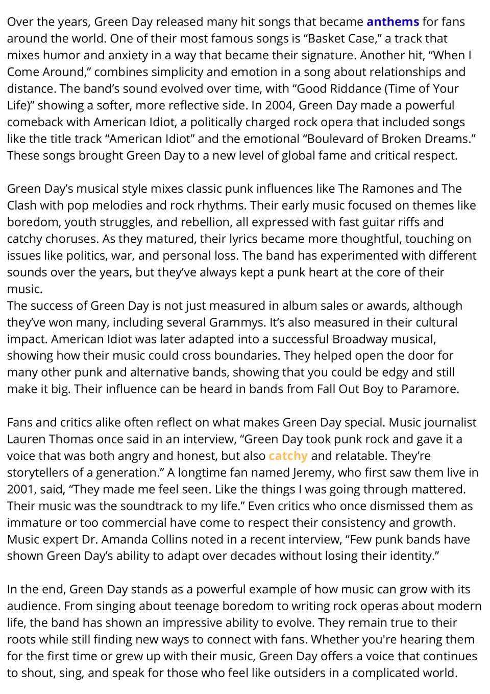 Green Day passage, part 2: students read about hit songs, American Idiot and quotes from fans and critics
