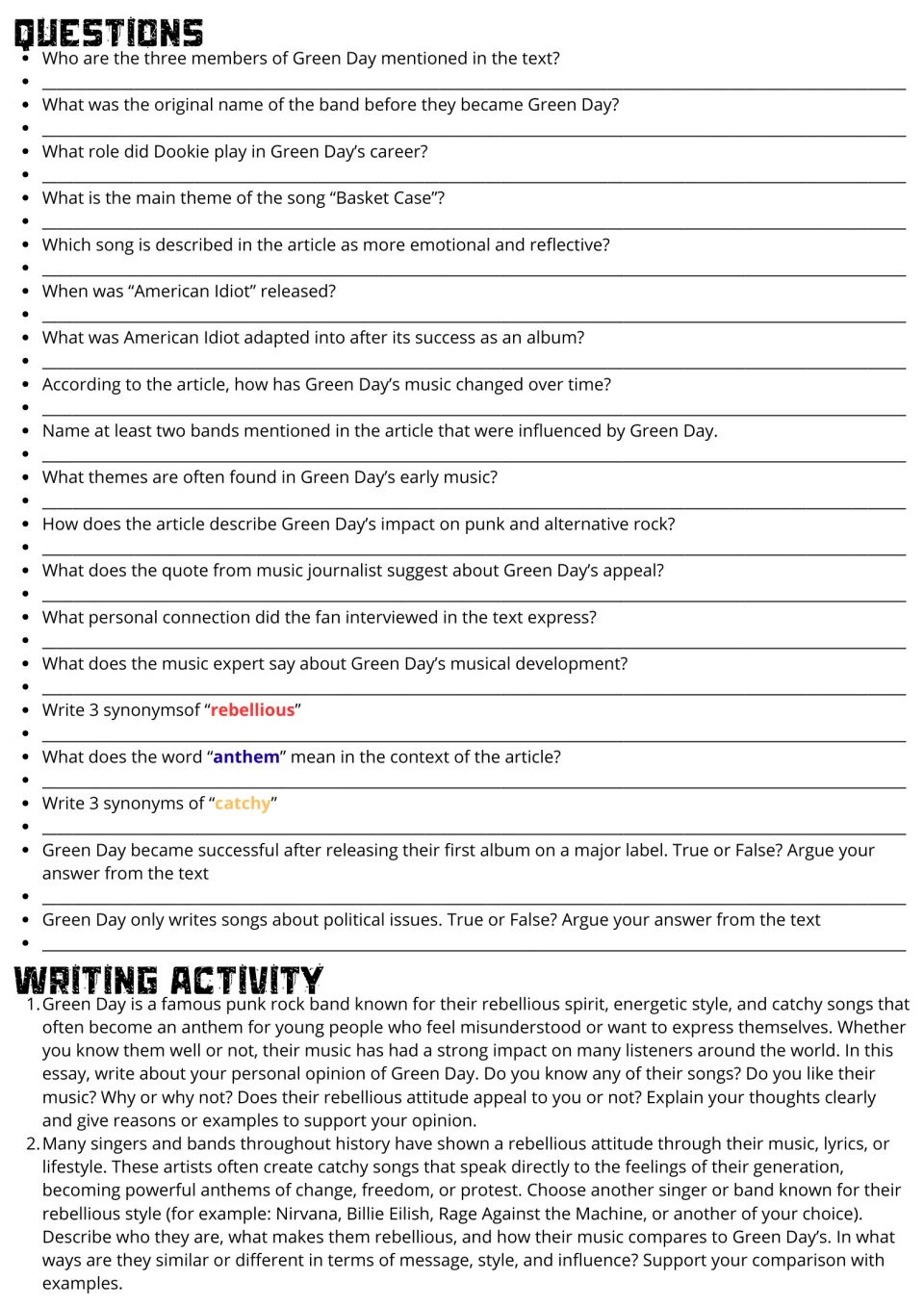 Green Day questions: students answer 19 comprehension and vocabulary items, then write an opinion or comparison essay