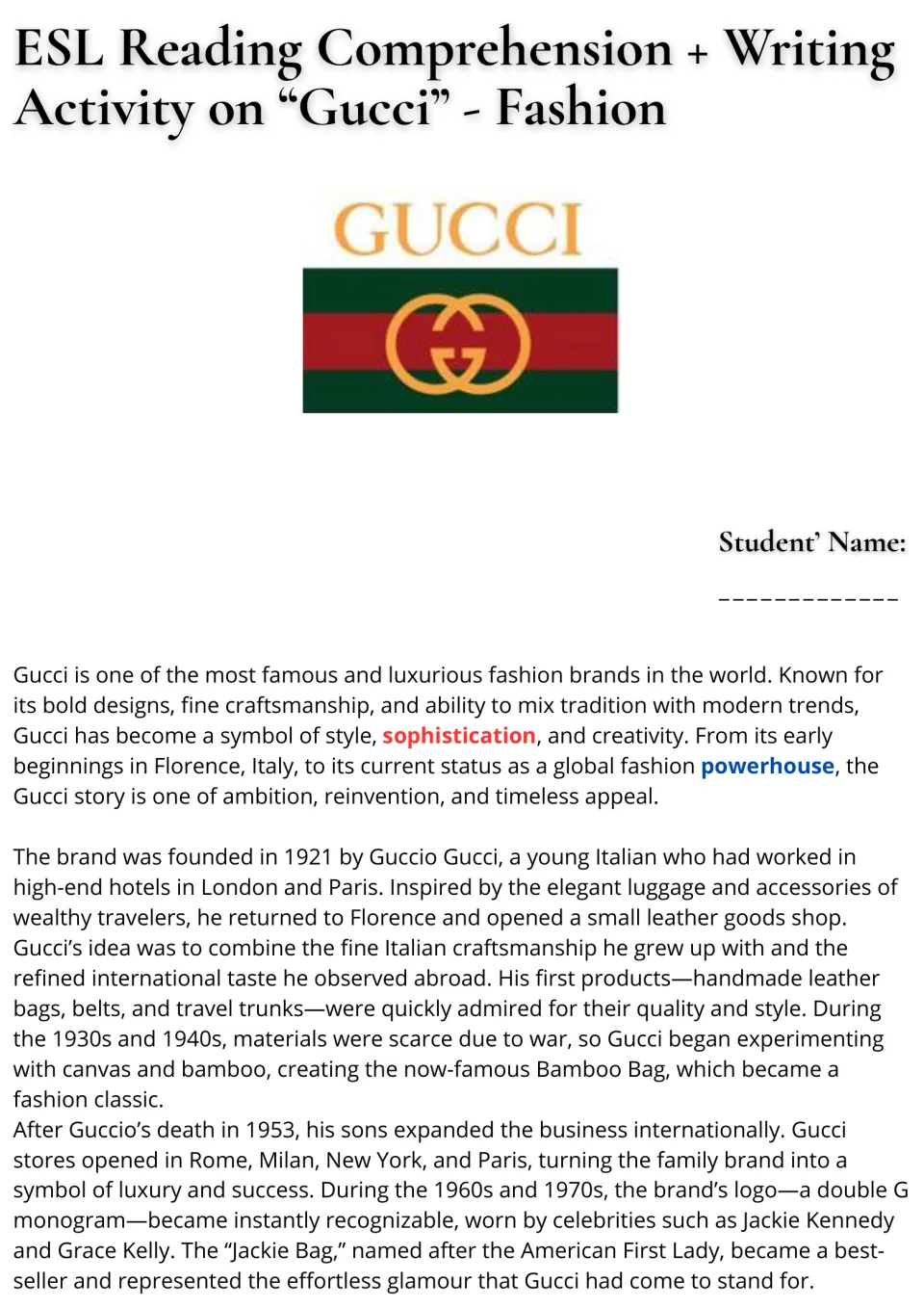 Gucci reading passage, part 1: Guccio Gucci's founding story, early leather goods, Bamboo Bag, and expansion.