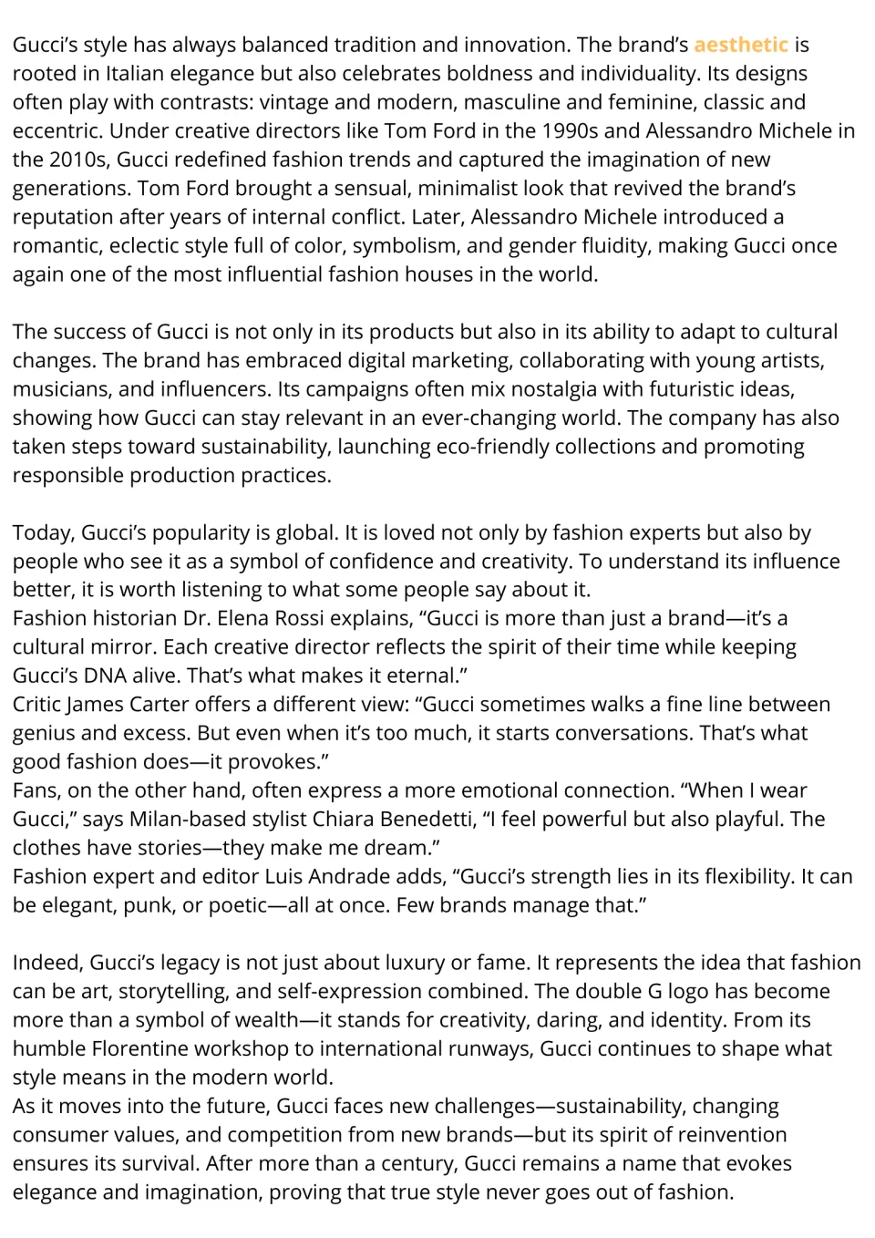Gucci reading passage, part 2: style, creative directors, digital marketing, sustainability, and legacy.