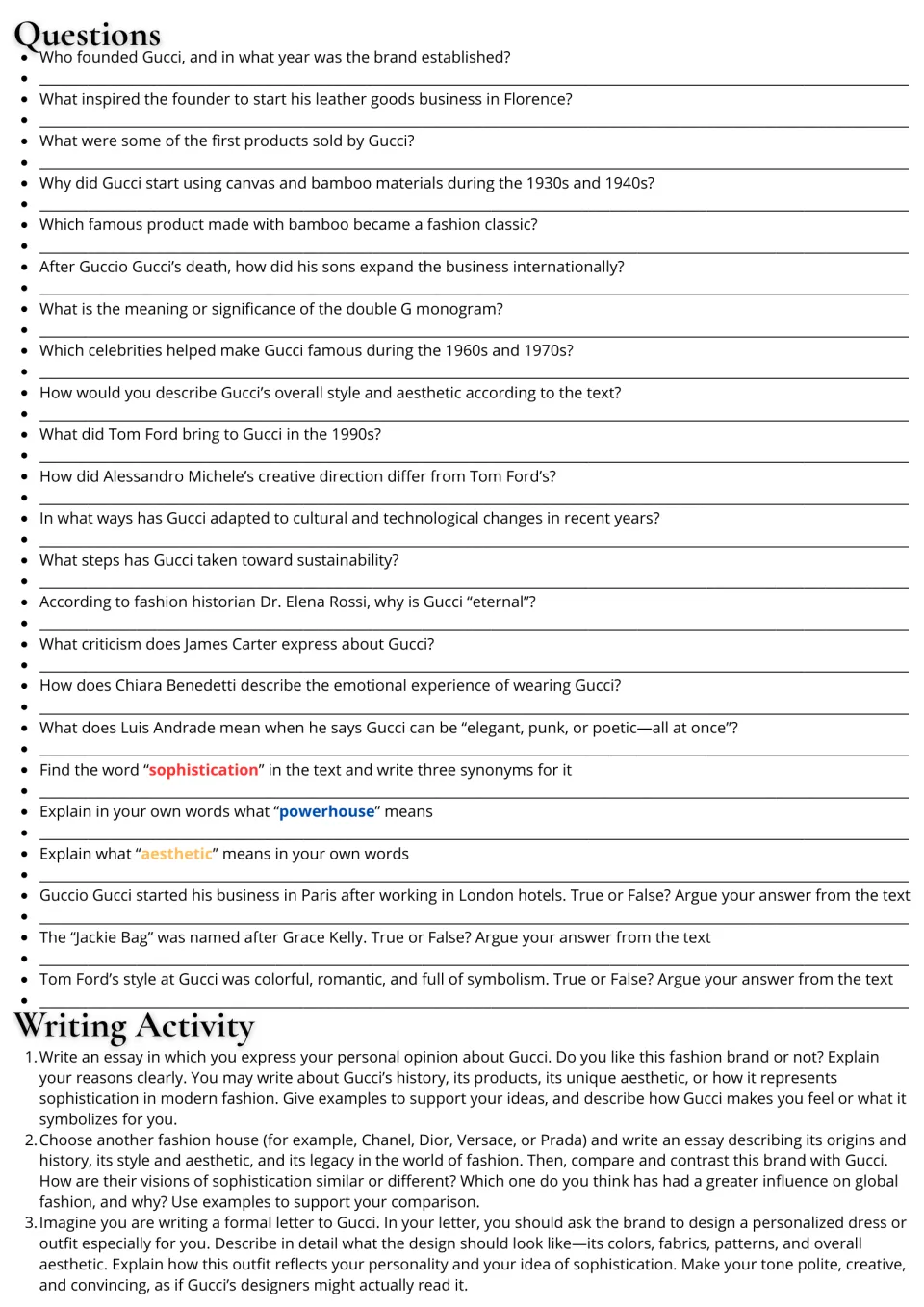 Gucci response tasks: 23 comprehension and vocabulary questions plus three essay and formal letter prompts.