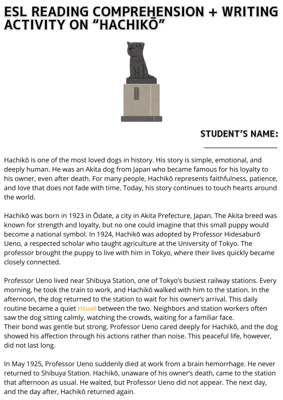 Opening ESL reading passage about Hachikō's birth, adoption by Professor Ueno, and daily station routine.