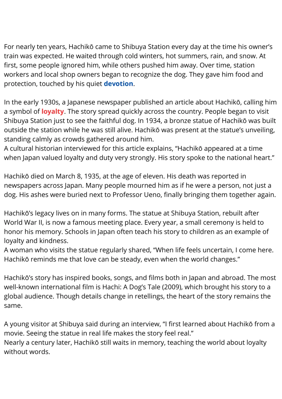 ESL reading passage continuation covering Hachikō's long wait, fame, death, statue, and cultural legacy.