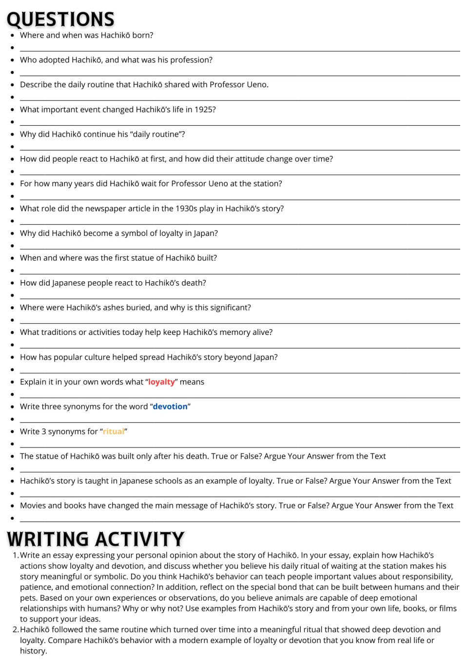 Hachikō reading follow-up: 20 comprehension and vocabulary questions plus two writing prompts on loyalty.