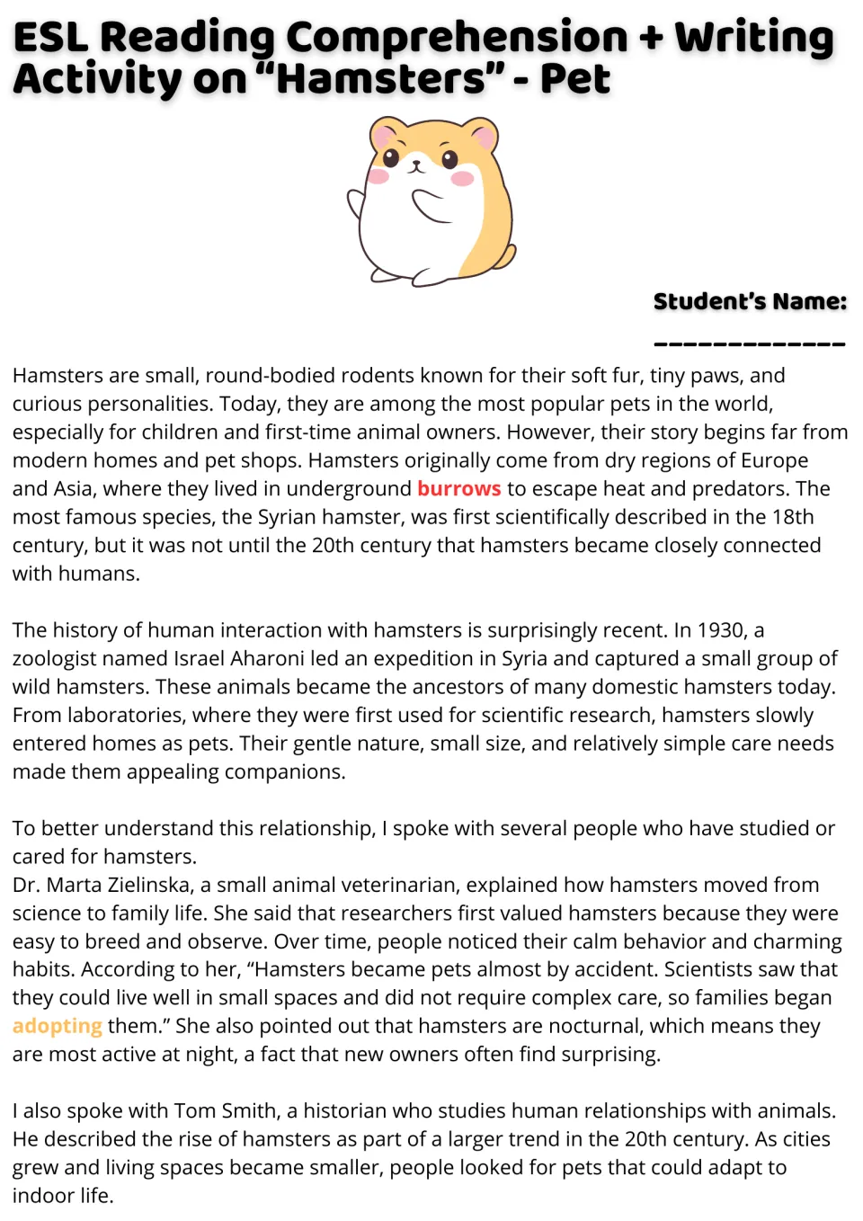 Hamster reading passage, part 1: wild origins, domestication, scientific research, and nocturnal behavior.