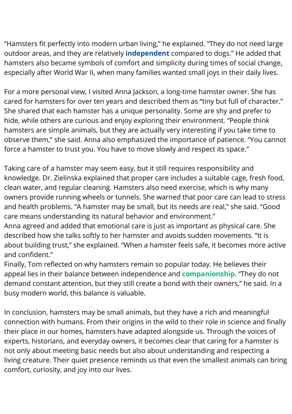 Hamster reading passage, part 2: urban pet ownership, individual personalities, care needs, and companionship.
