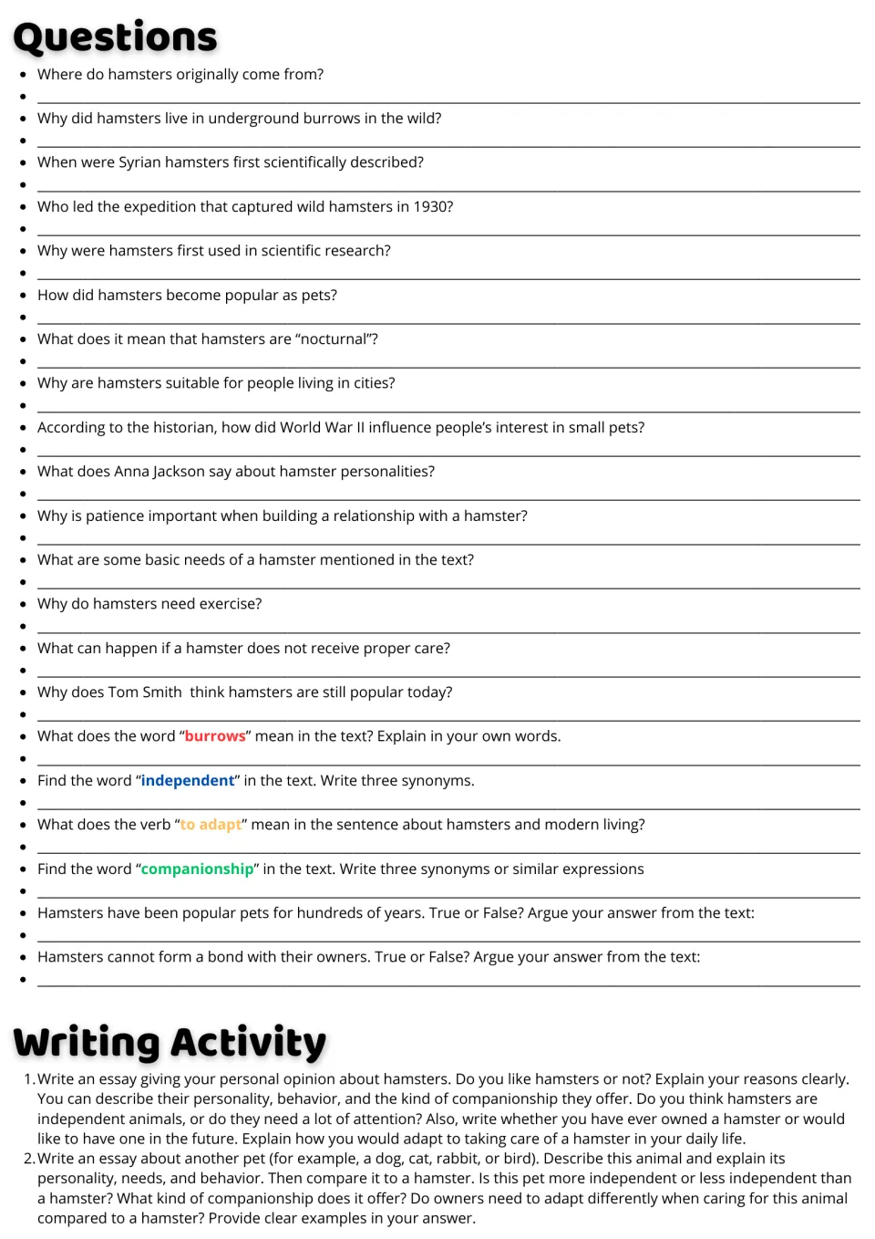Hamster passage follow-up: 21 comprehension and vocabulary questions and two essays on hamsters and other pets.