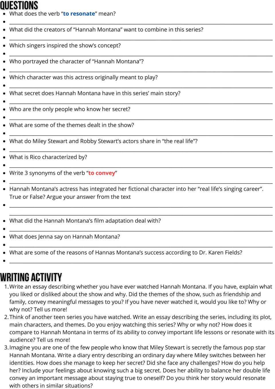 15 reading and vocabulary questions about Hannah Montana, plus three prompts for essays and a diary entry.