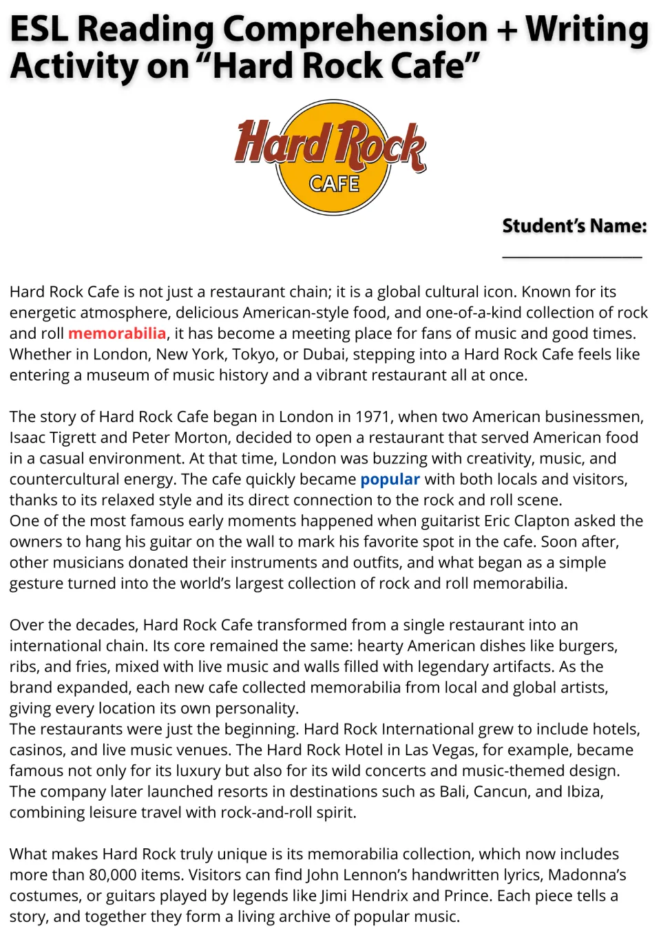 Reading passage opening: Hard Rock Cafe's 1971 London origins, Eric Clapton's guitar, and global expansion.