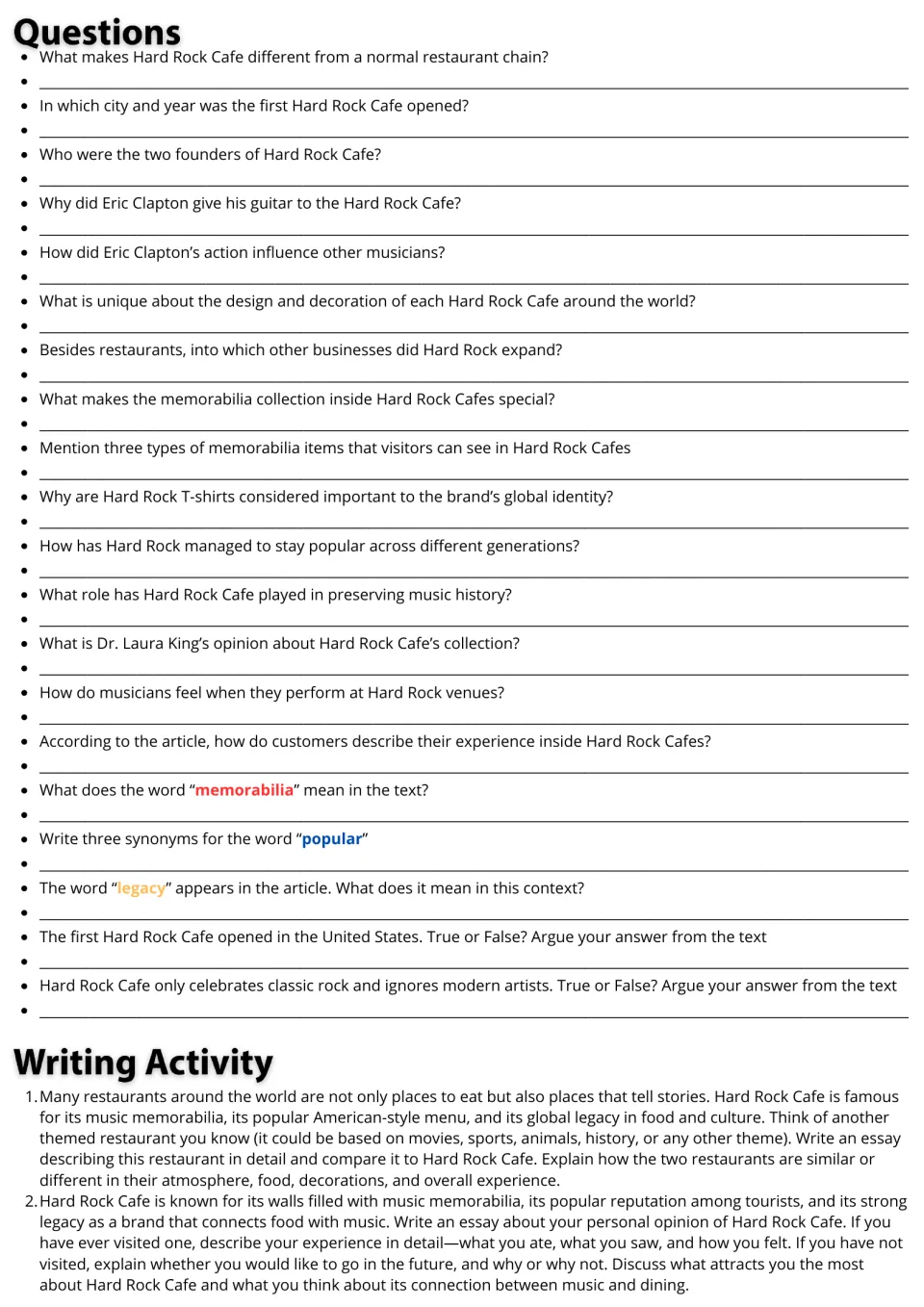 Practice for the Hard Rock Cafe reading: 20 comprehension and vocabulary questions and two essay prompts.