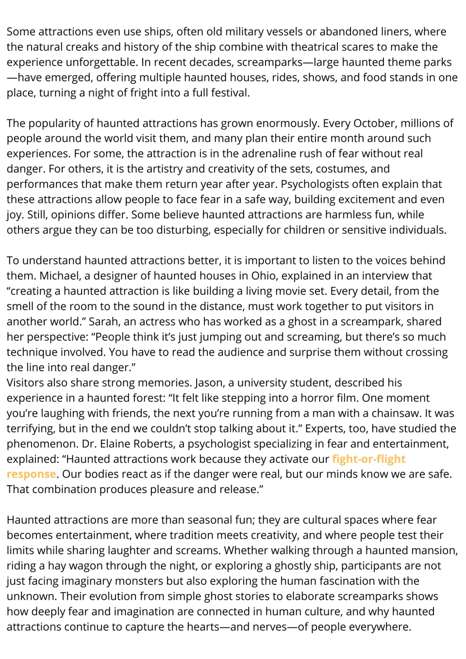 ESL reading passage, part 2: haunted ships, screamparks, visitor perspectives, and the appeal of fear.
