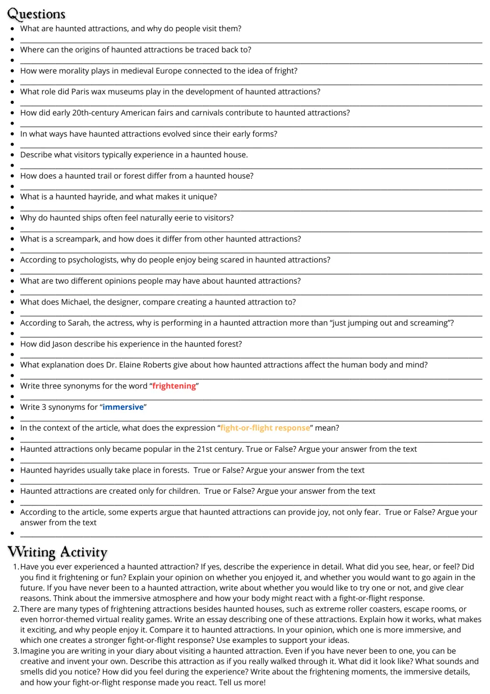 Reading follow-up: 24 questions on haunted attractions and vocabulary, plus three extended writing prompts.