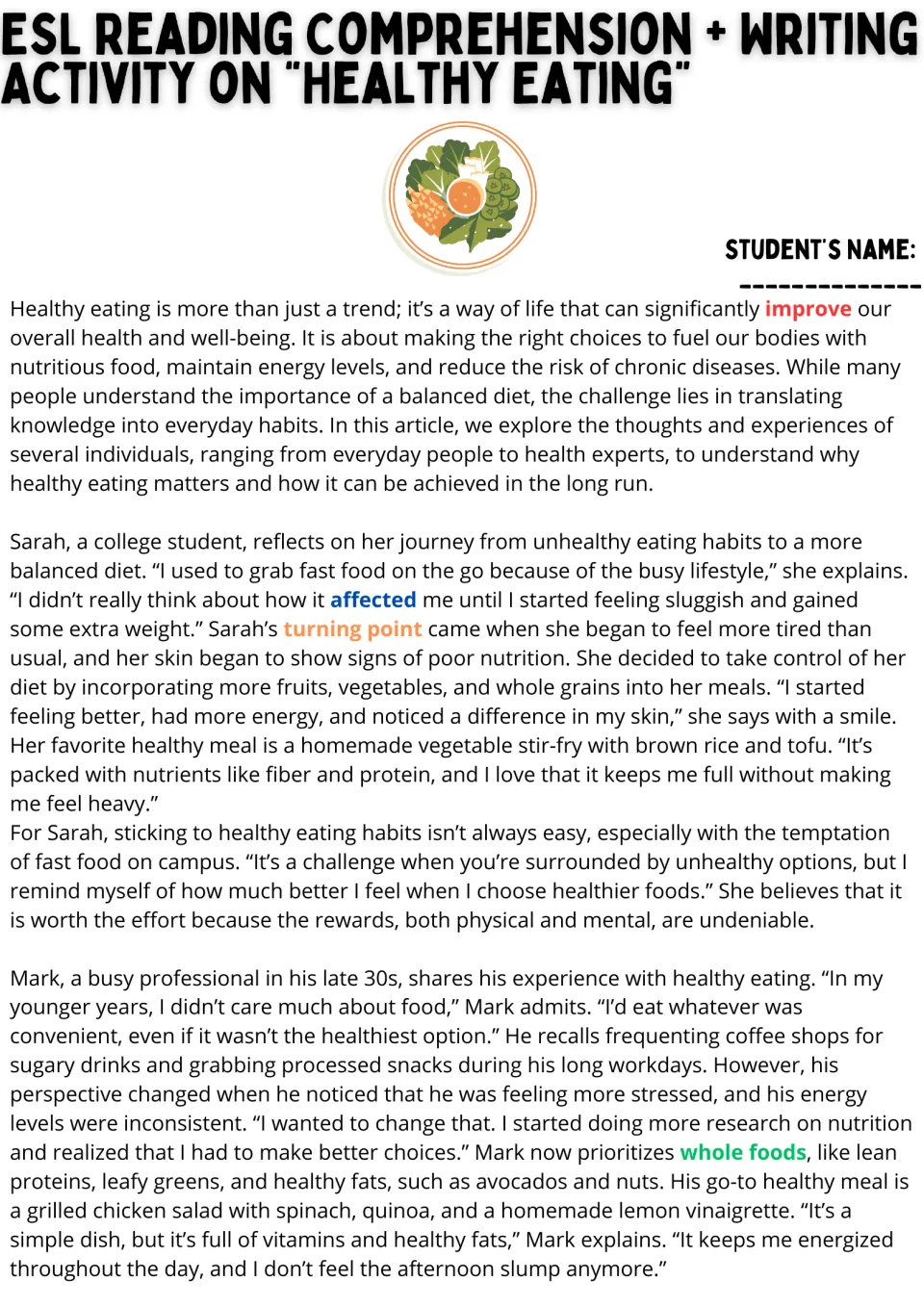 Healthy eating article, part 1: students read how Sarah and Mark changed their diets, with vocabulary highlighted in color