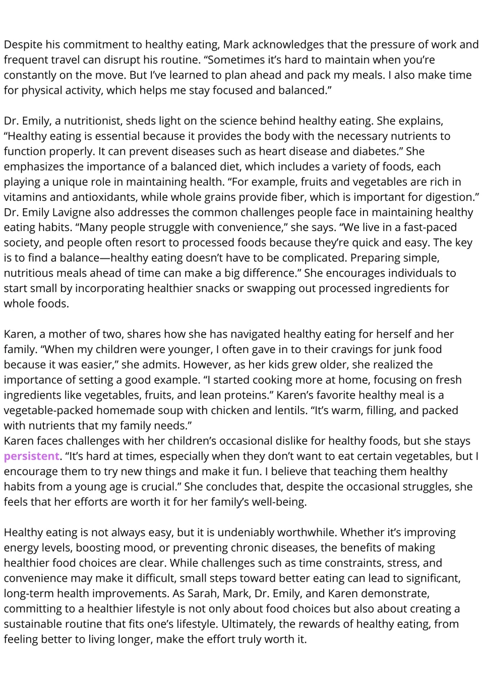 Healthy eating article, part 2: students read views from nutritionist Dr. Emily and mother Karen, then a closing summary