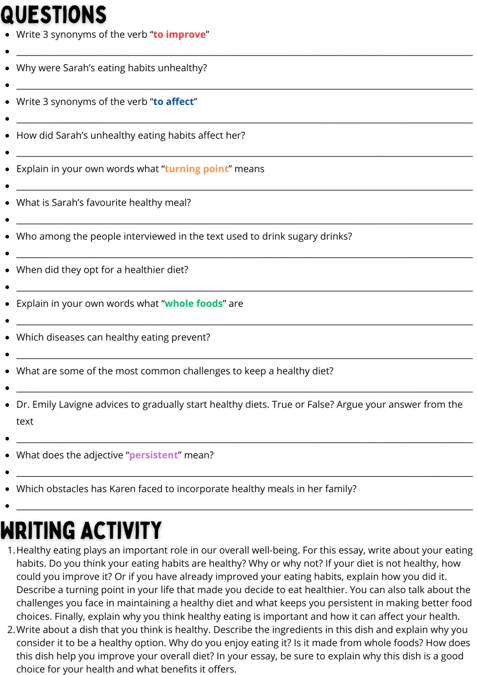 Healthy eating questions: students give synonyms, define words and recall details, then answer two essay prompts
