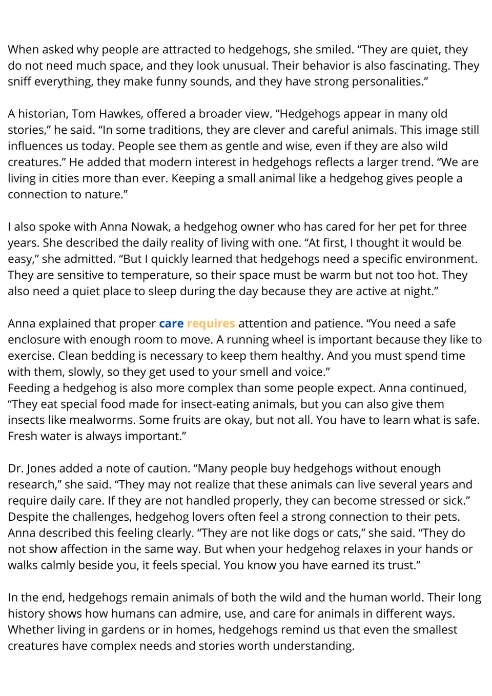 Hedgehog reading passage, part 2: interviews explain pet appeal, daily care, feeding, and earning trust.
