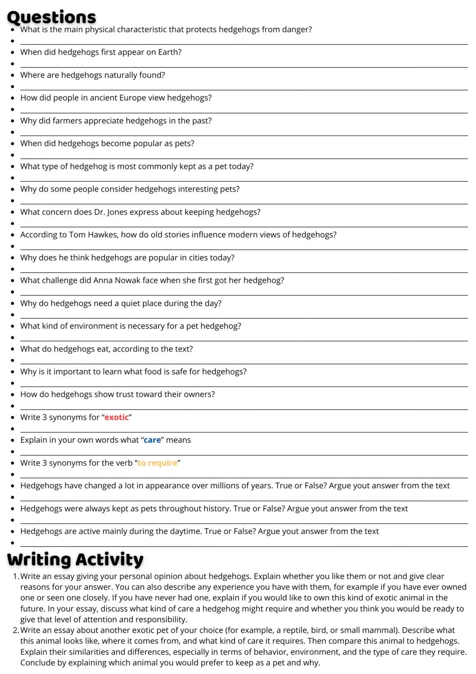 Hedgehog follow-up: 23 comprehension and vocabulary questions plus two essays on pet opinions and comparison.