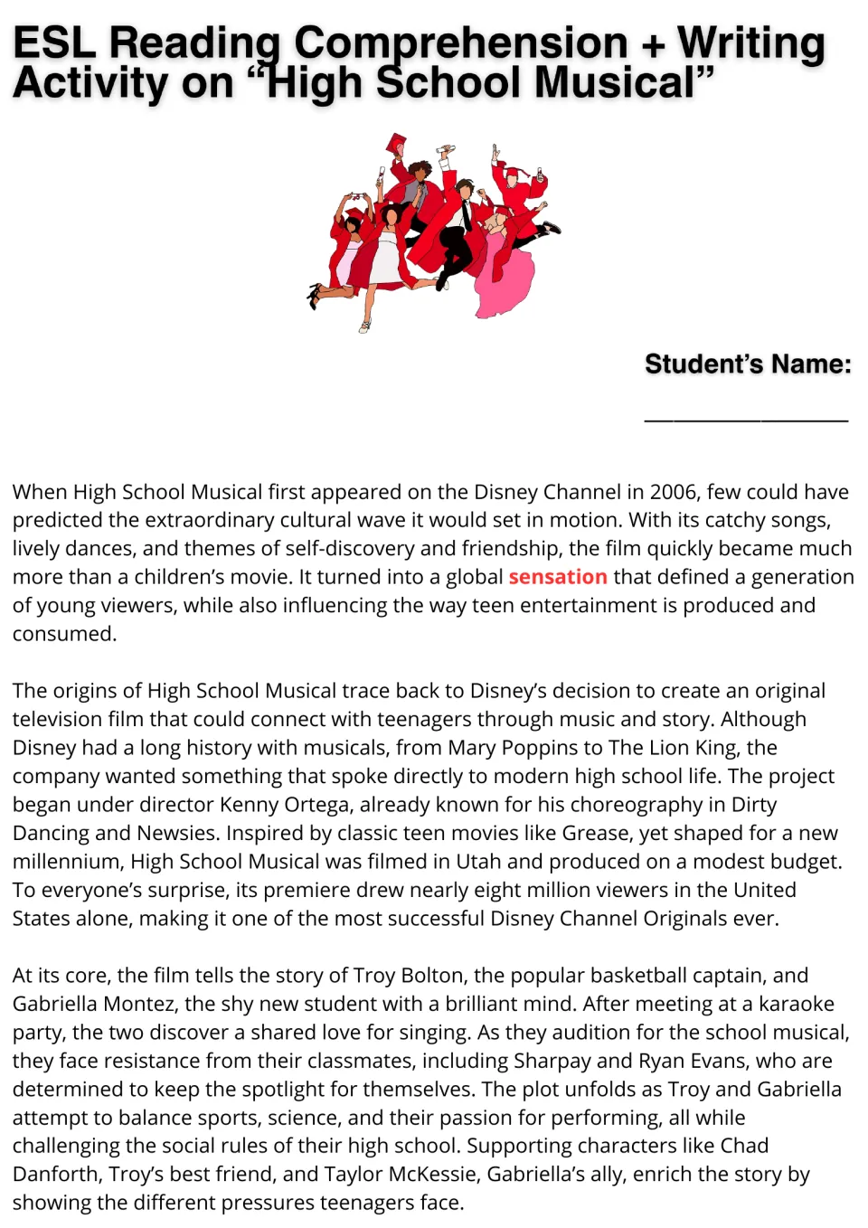 High School Musical reading passage, part 1: students read about the 2006 film's origins, director, plot and characters
