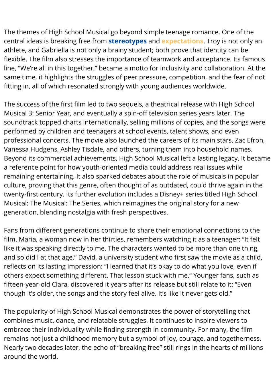 Reading passage, part 2: themes of stereotypes and expectations, sequels, and fan quotes from Maria, David and Clara