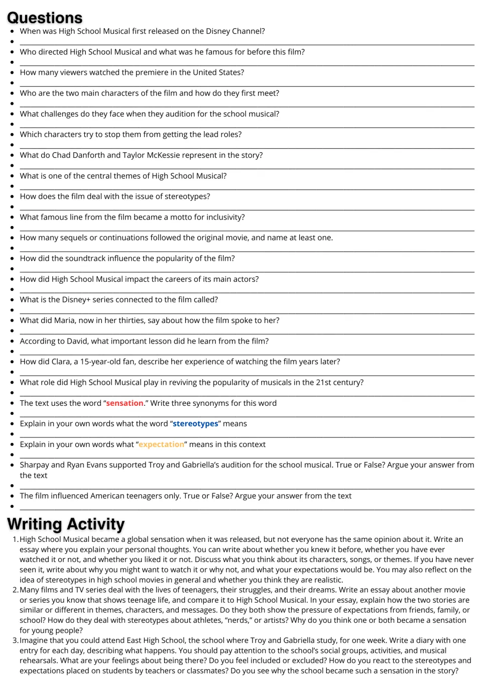 Film article questions: students answer 23 comprehension, vocabulary and true/false items, plus three essay or diary prompts