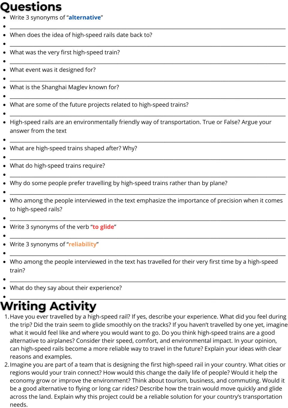 Rail passage follow-up: 15 comprehension and vocabulary questions plus two prompts on travel and rail planning.