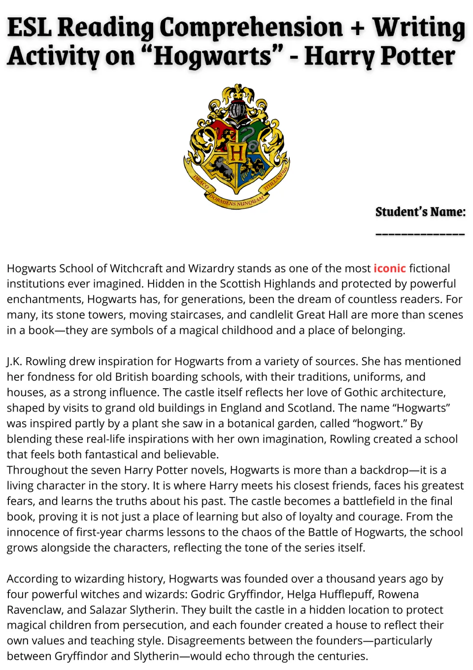 Reading passage on Hogwarts with the school crest: students read about its setting, inspirations and founders