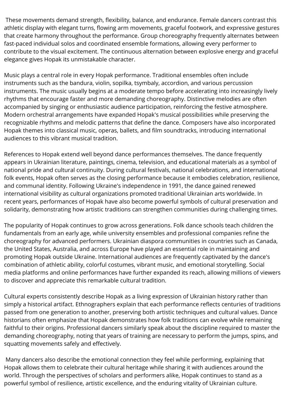 Hopak reading passage, part 2: dance movements, musical instruments, cultural identity, and preservation.
