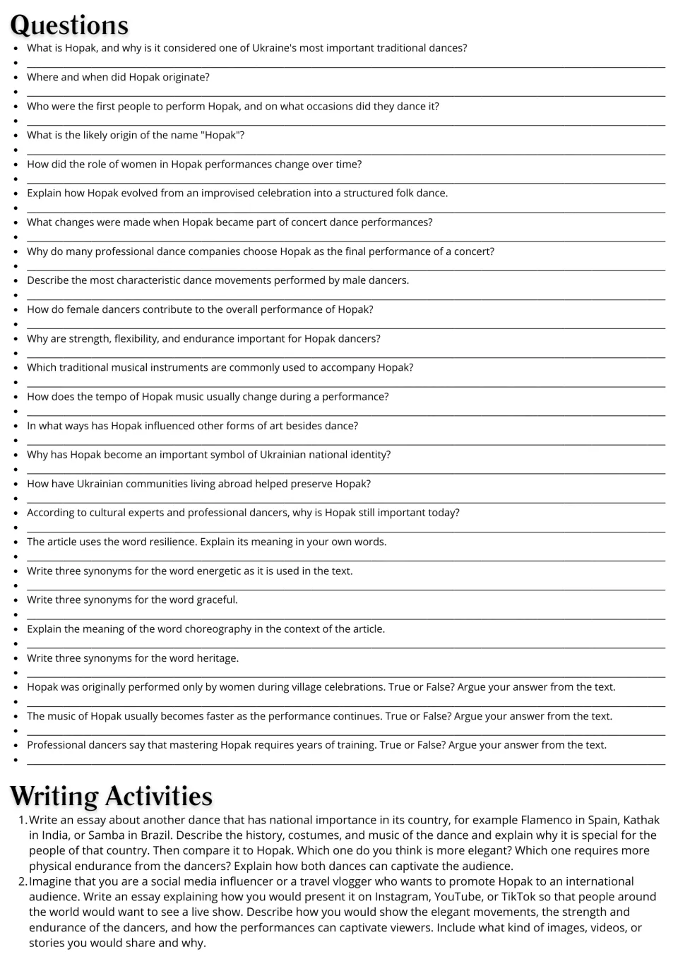 Hopak follow-up: 25 comprehension and vocabulary questions plus two essays comparing and promoting dances.
