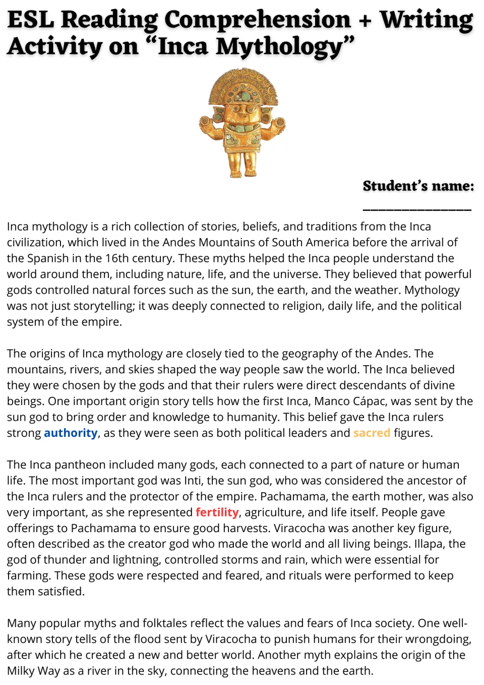 Inca mythology reading passage, part 1: Andes origins, Manco Cápac and gods Inti, Pachamama, Viracocha and Illapa