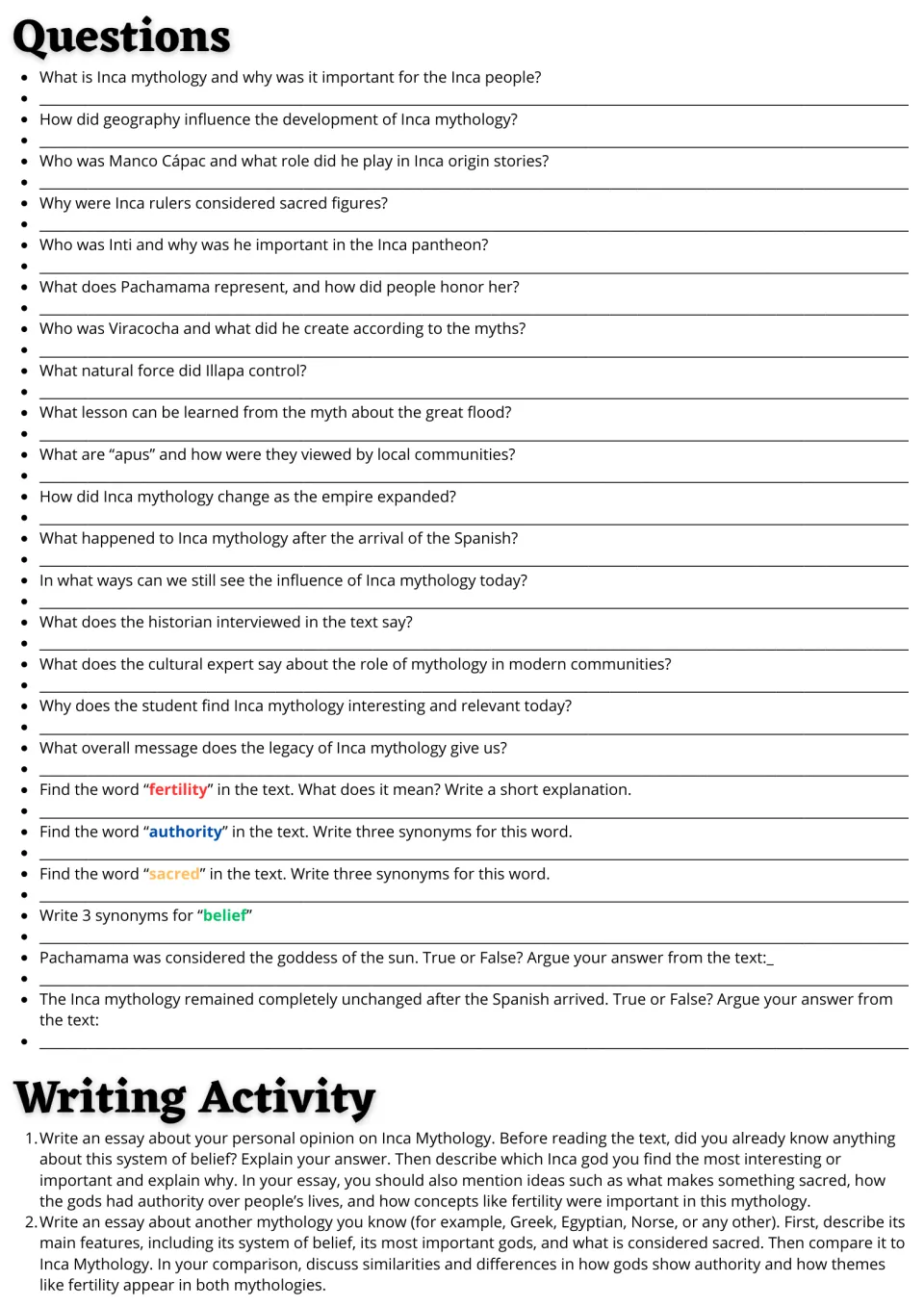 Inca myth questions: 23 items on the text, vocabulary synonyms, true/false with evidence, and two essay prompts