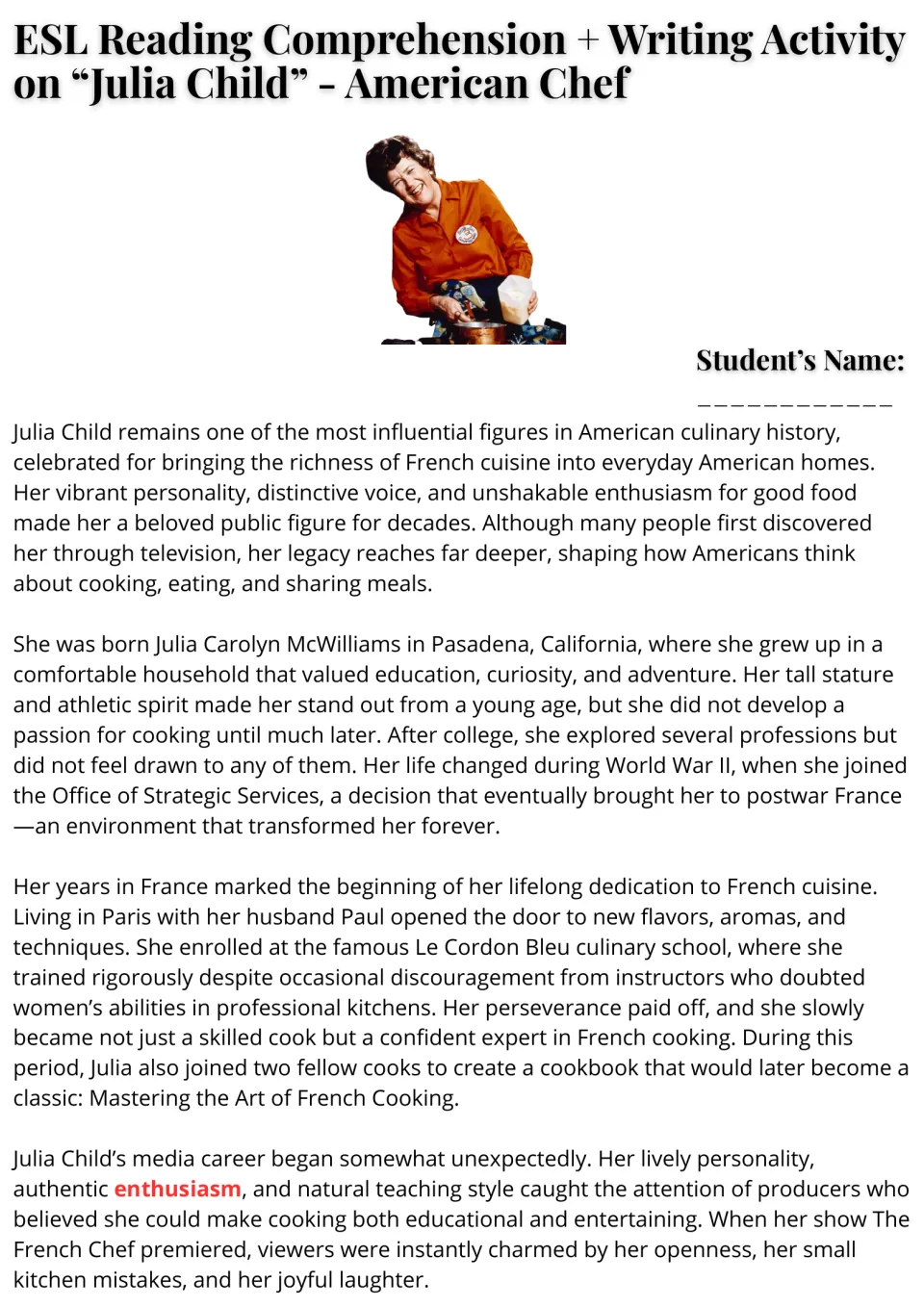 Julia Child biography reading, part 1: students read about her Pasadena youth, wartime service and Le Cordon Bleu training