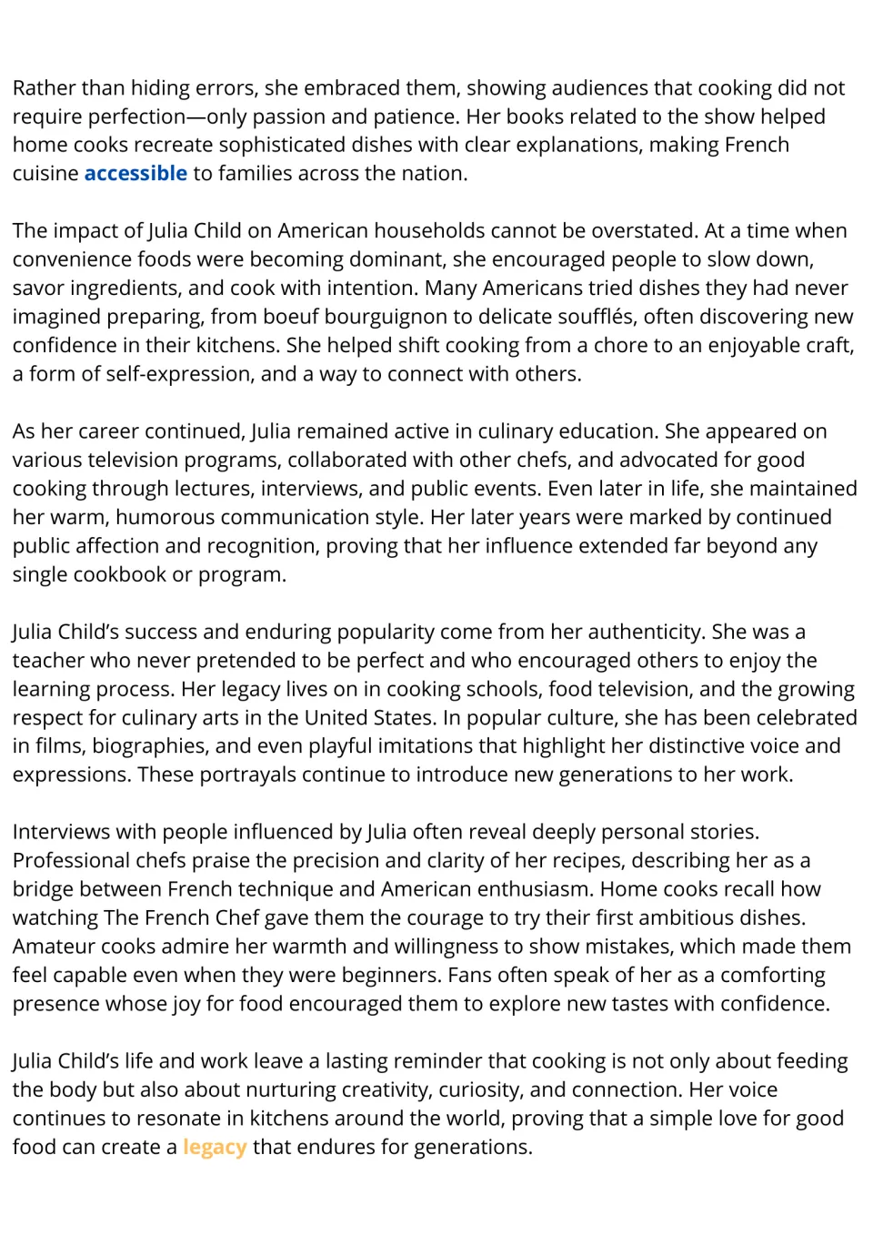 Julia Child biography reading, part 2: her impact on American cooking, later career and legacy, with key words in color