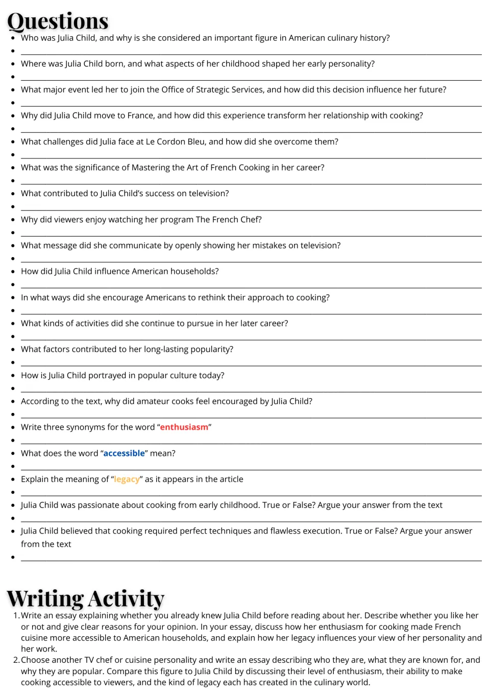 Julia Child questions: students answer 20 comprehension, vocabulary and true-or-false items, then write one of two essays