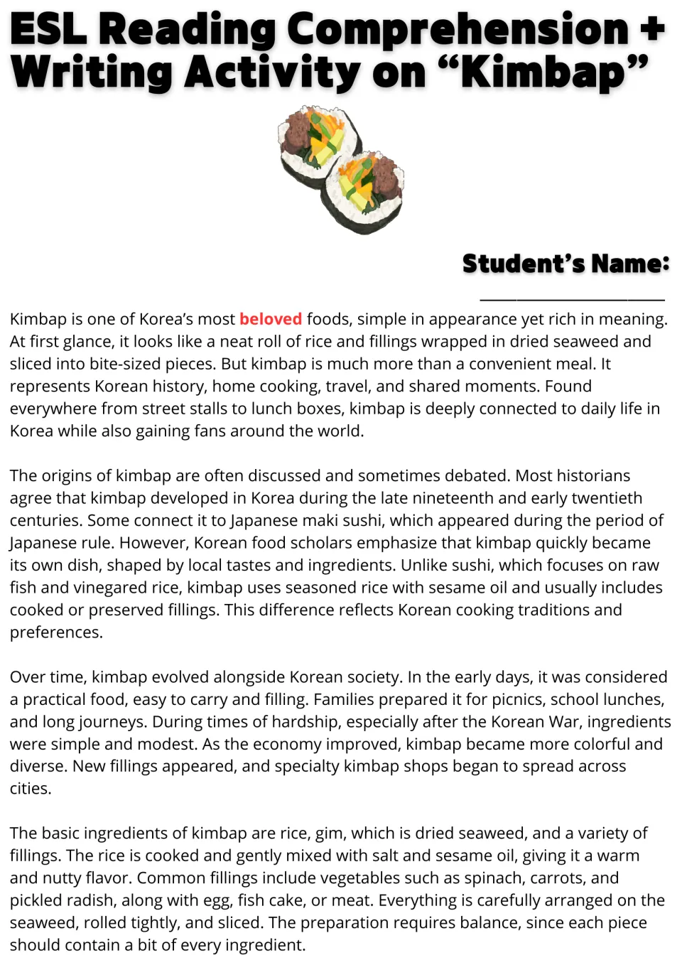 Kimbap reading passage, part 1: Korean origins, history, ingredients, and preparation with sesame-seasoned rice.