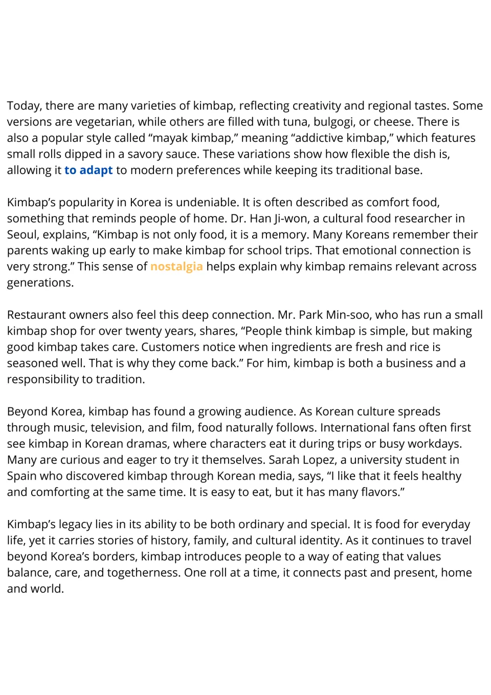 Kimbap reading passage, part 2: modern varieties, comfort food, nostalgia, international popularity, and legacy.