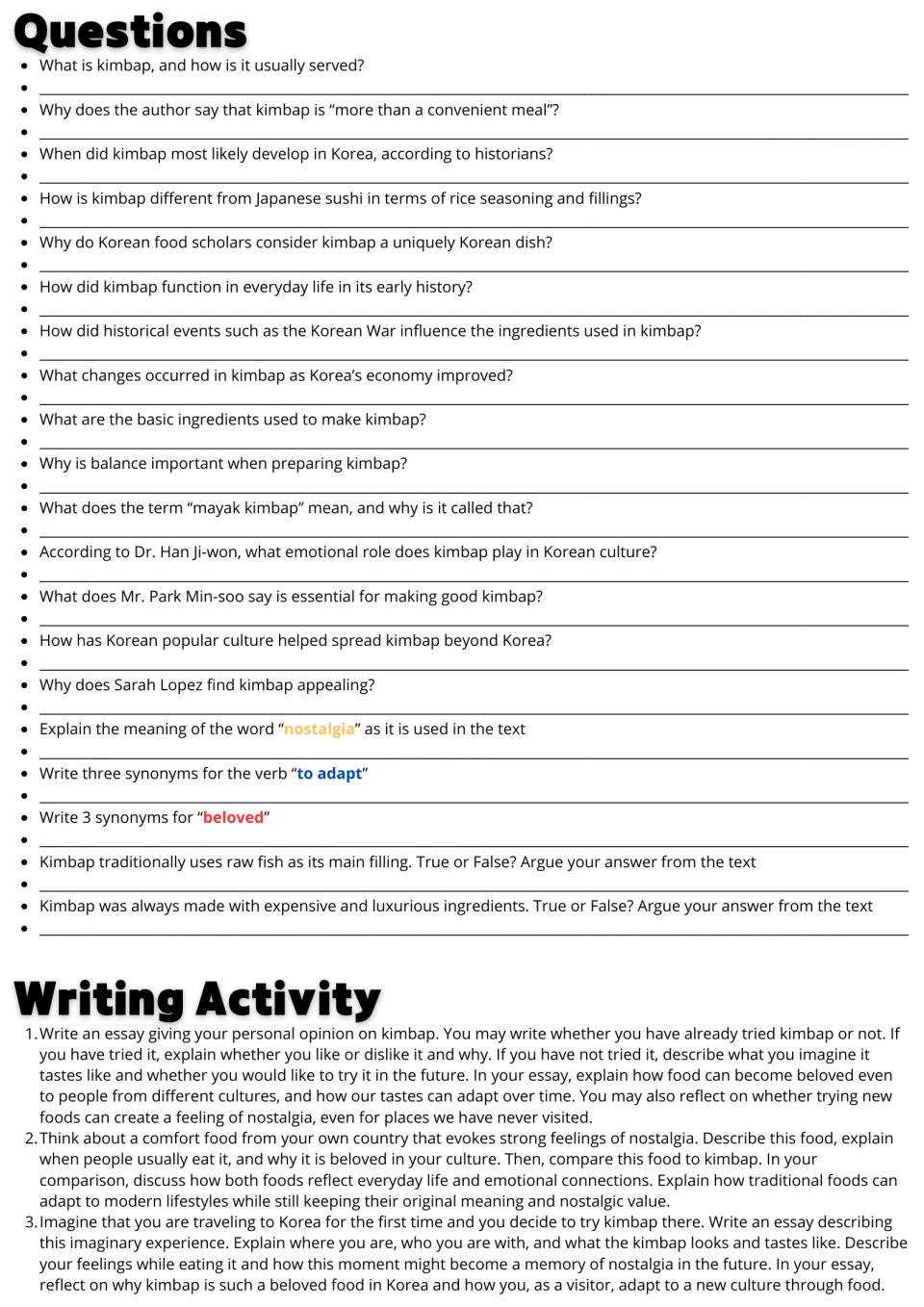 Kimbap follow-up: 20 comprehension and vocabulary questions plus three essay prompts on food and culture.
