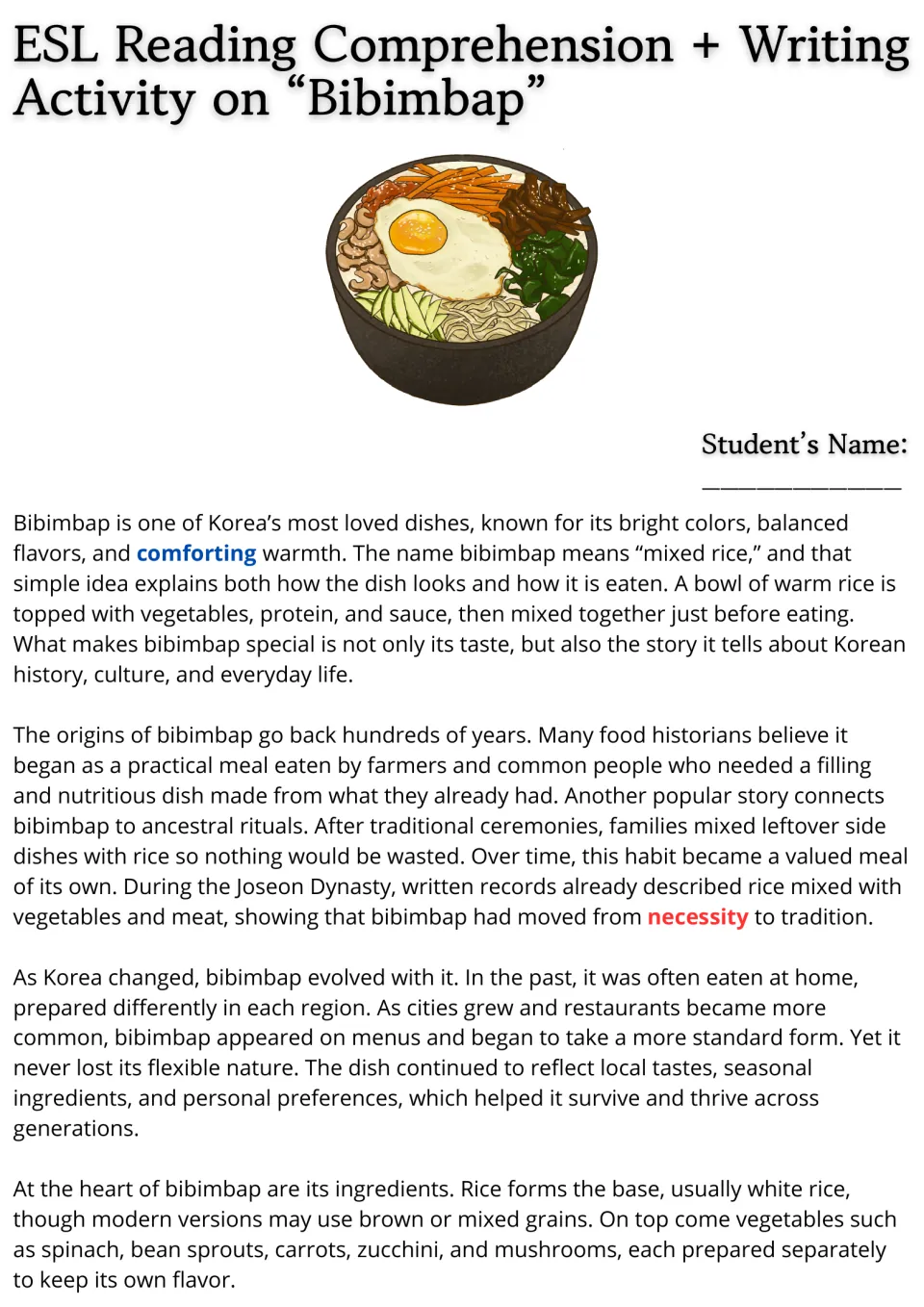 Opening ESL reading passage on bibimbap: its meaning, origins, history, and rice and vegetable ingredients.