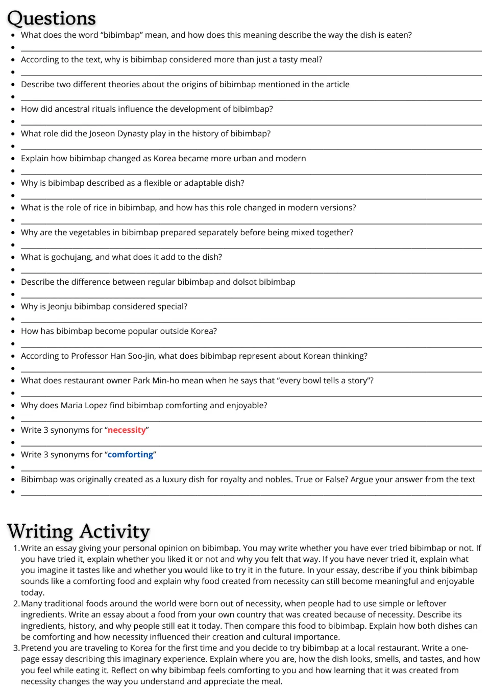 Bibimbap follow-up: 19 comprehension and vocabulary questions plus three essay prompts about food and culture.