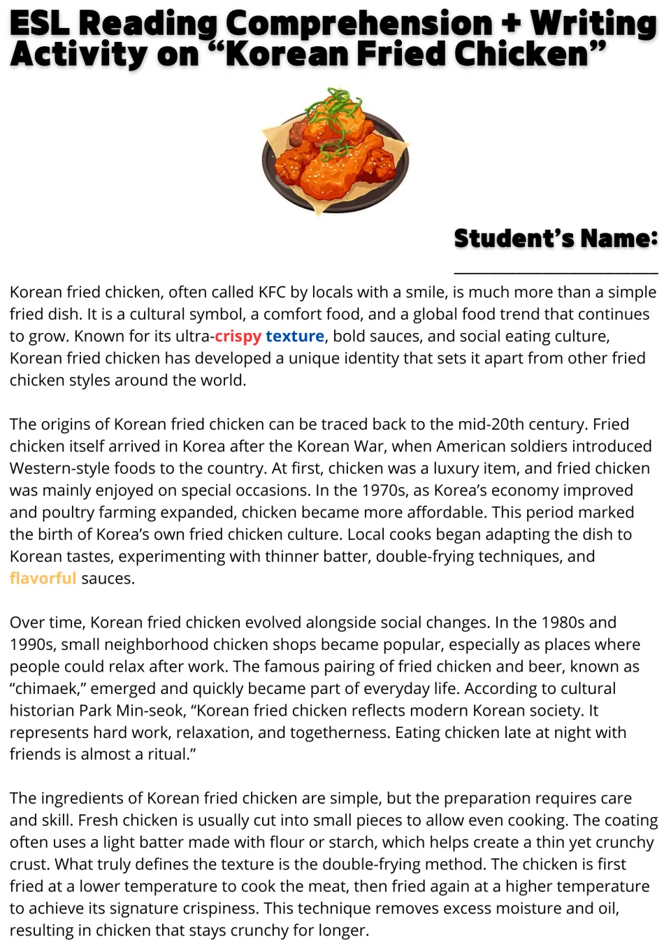 ESL reading passage opening: Korean fried chicken's origins, social traditions, and double-frying method.